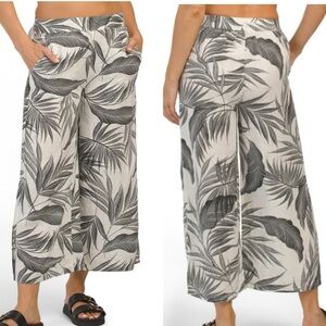 Tahari Linen Pants Womens Large Pull On Wide Leg White Black Tropical Leaves New